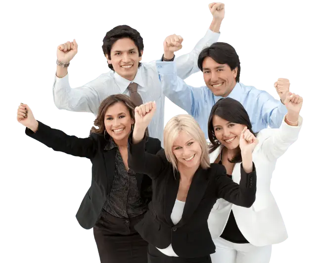 A diverse group of five professionals, smiling in business attire, stands together with crossed arms raised in celebration, expressing joy. Their collaboration is as seamless as a taxi Algiers airport transfer.