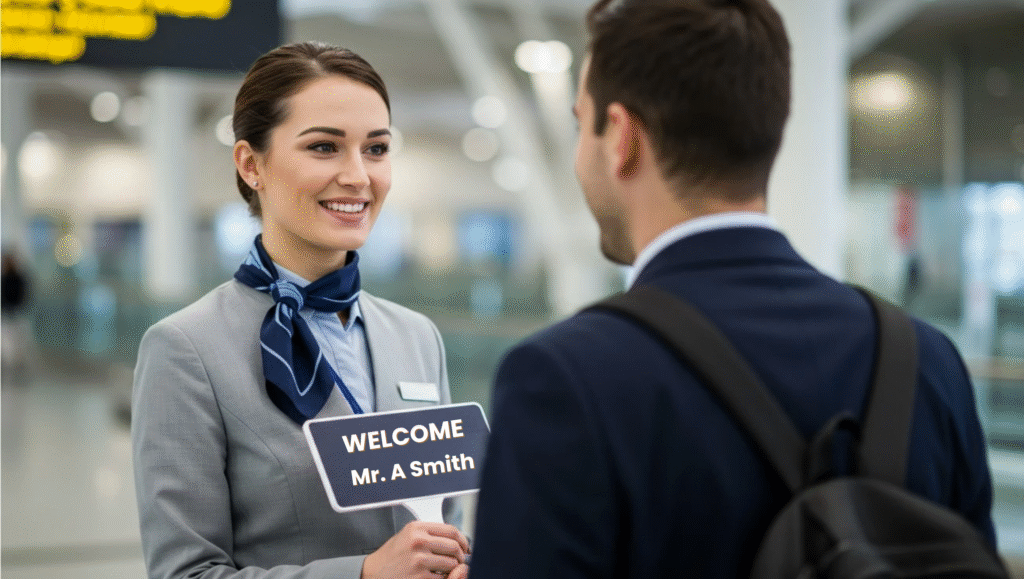 Woman holding a welcome sign in algiers airport.