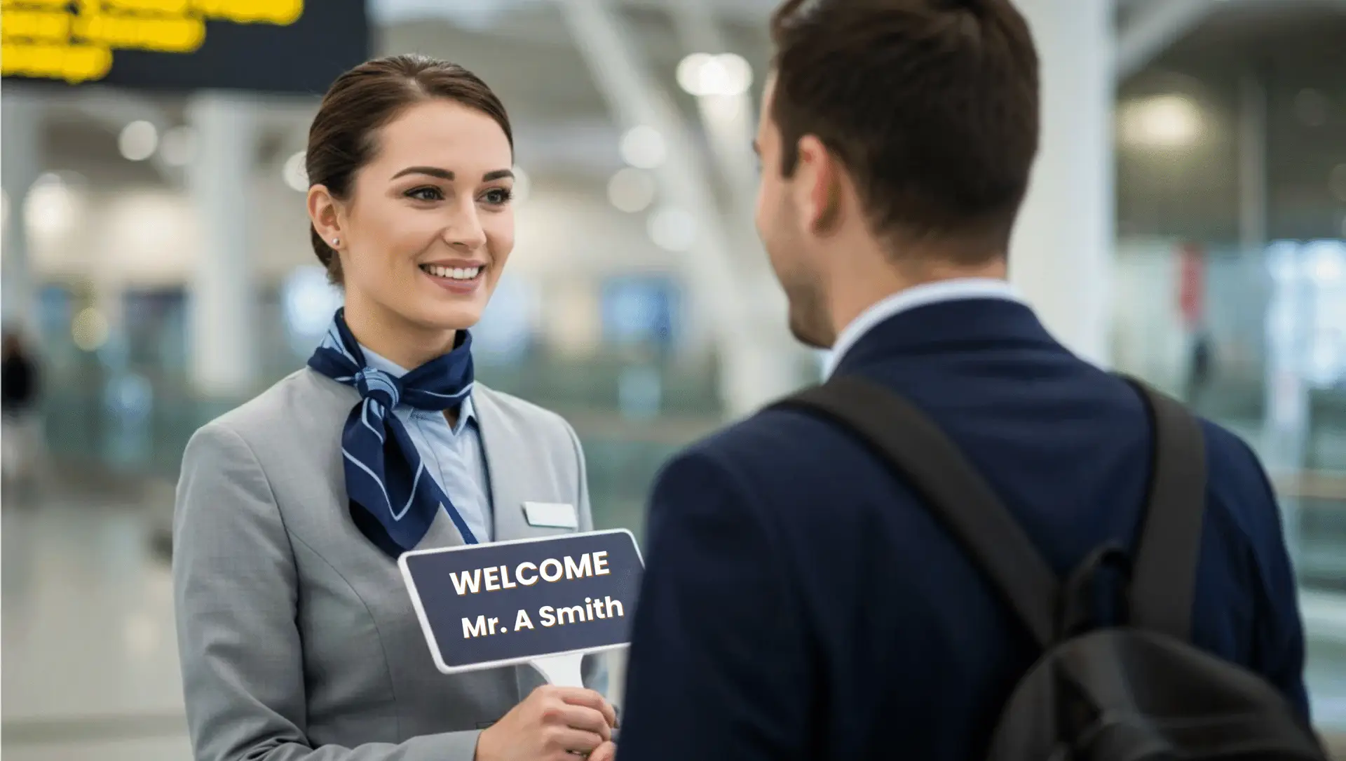 Woman holding a welcome sign in algiers airport.Algiers Airport VIP Meet & Assist Services