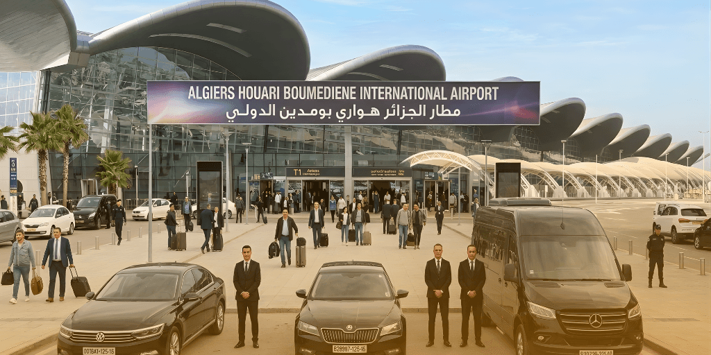 Arrivals area outside Algiers Houari Boumediene International Airport showing chauffeurs standing by black luxury vehicles with travelers walking toward the entrance. Algiers Airport Arrival Guide 2026