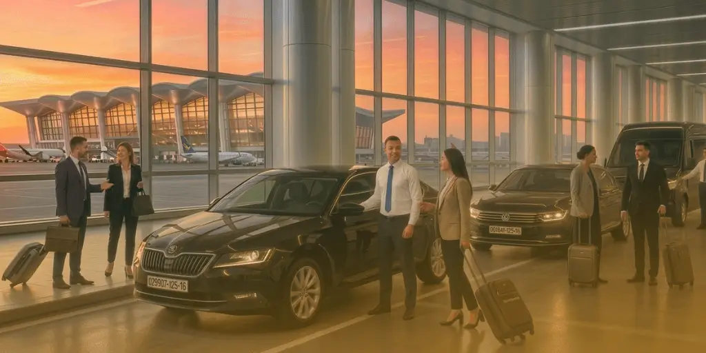 Guía de llegadas al aeropuerto de Argel 2026: Viajeros de negocios interactúan con conductores profesionales junto a lujosos coches negros dentro de una terminal de aeropuerto con vistas a la pista y los aviones al atardecer.