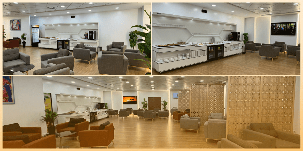 Collage showing algiers domestic airport vip lounge featuring grey and brown seating areas, a contemporary white refreshment station, wood flooring, and decorative space dividers.
