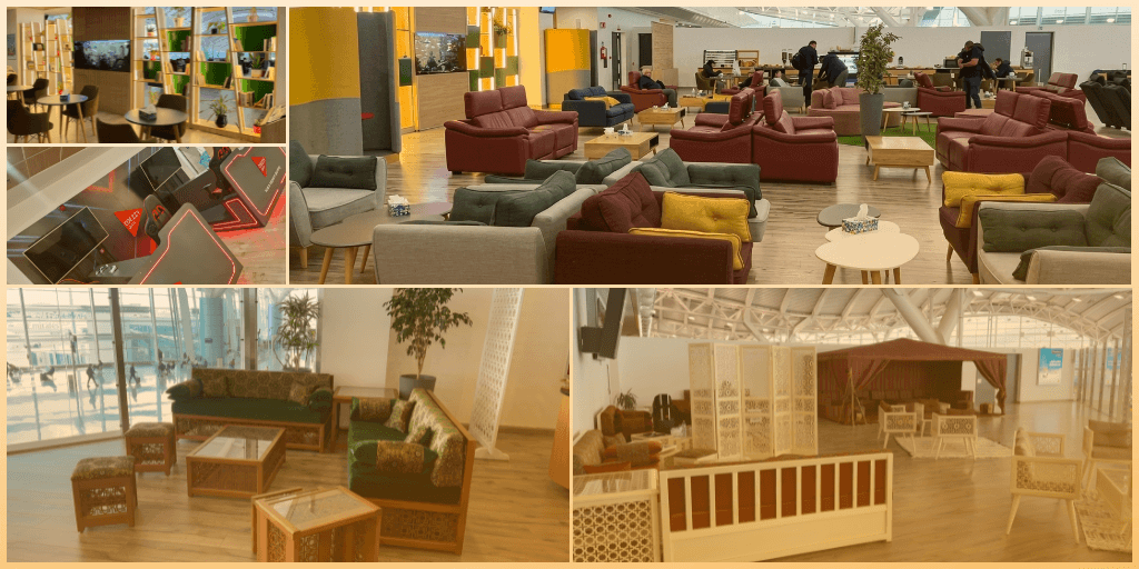 Collage showcasing diverse seating areas within a modern, bright algiers international airport vip lounge featuring contemporary sofas, traditional wooden furniture, gaming stations, and tented seating zones.
