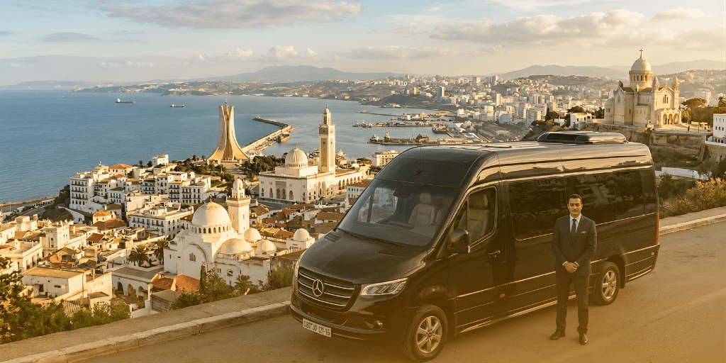 Un chauffeur se tient à côté d'un fourgon Mercedes-Benz Sprinter noir, offrant une vue imprenable sur la ville et le port d'Alger, en Algérie, avec ses bâtiments blancs et ses monuments emblématiques comme Notre-Dame d'Afrique. Visite historique d'une journée à Alger