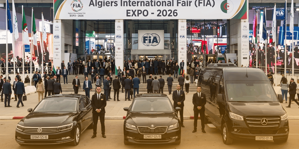 Three black official vehicles parked outside the Algiers International Fair (FIA) EXPO Algiers - 2026 entrance with security personnel standing in front.