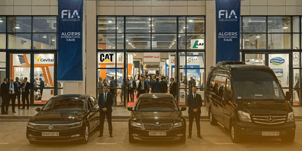 Trois véhicules de direction noirs sont stationnés devant l'entrée du Parc des expositions international d'Alger, arborant des bannières de la FIA et des panneaux publicitaires, avec des hommes en costume à leurs côtés.
