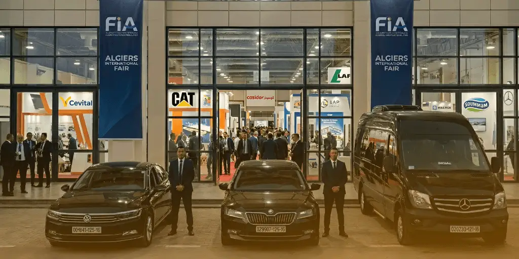 Tres vehículos ejecutivos negros están estacionados a la entrada de la Feria Internacional de Argel (FIA), señalizados con pancartas de la FIA y letreros corporativos, con hombres trajeados de pie junto a ellos.