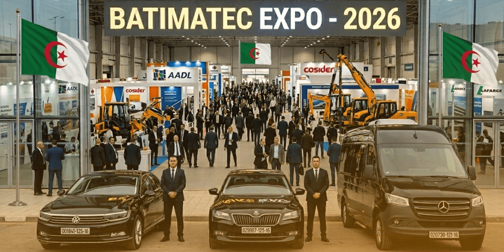 The Batimatec trade faire algiers Expo 2026 entrance features Algerian flags, construction equipment displays, attendees, and three black vehicles with suited men standing in front.