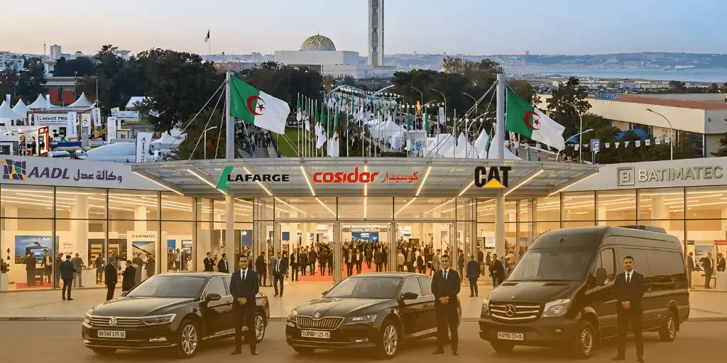 Exterior view of an BATIMATEC TRADE FAIR EXPO exhibition hall entrance featuring Lafarge, Cosider, CAT, and AADL signage, with Algerian flags flying and drivers standing by black luxury cars and a van.