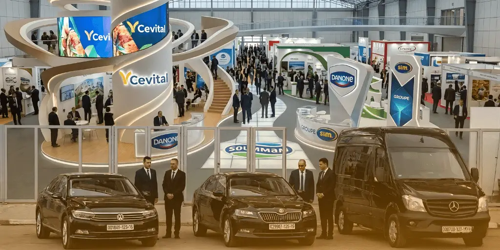 A professional event floor featuring large Cevital and Danone booths, with three black vehicles and several suited men positioned in the foreground during Algiers DJAZAGRO Trade Fair Expo