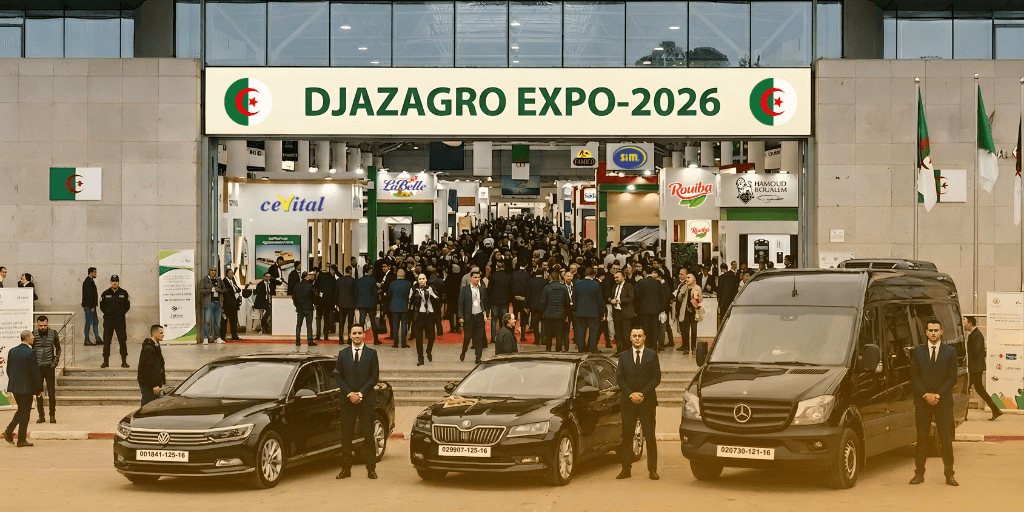 Entrance to the Djazagro trade fair algiers Expo-2026 featuring a large crowd, three black chauffeur vehicles, and uniformed drivers positioned outside the convention hall.