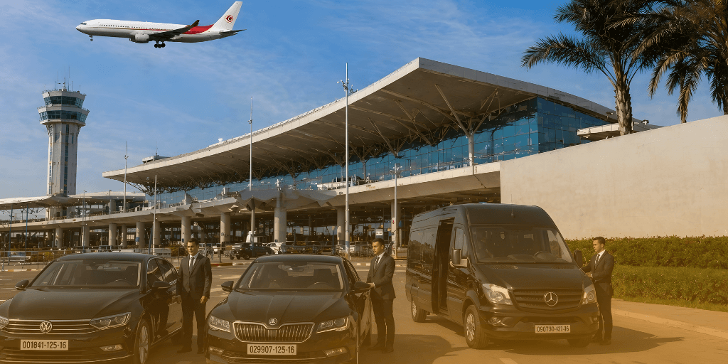 Comment éviter les erreurs courantes en voyage à Alger. Des véhicules noirs avec chauffeur et des conducteurs en uniforme attendent devant un terminal d'aéroport moderne, un avion atterrissant sous une tour de contrôle.