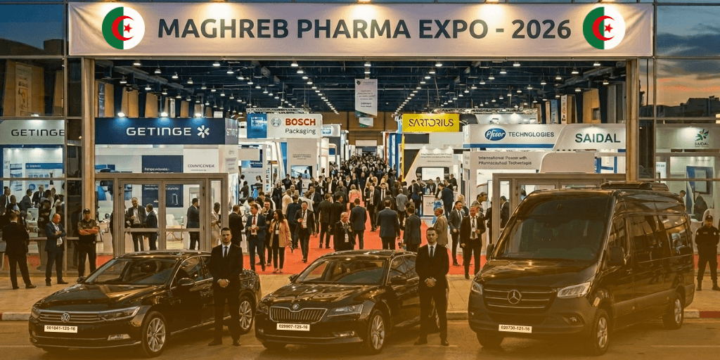 Promotional image for Maghreb Pharma trade fair algiers Expo 2026 featuring three black executive vehicles and two men in suits standing outside a modern glass building with attendees gathered in the background.