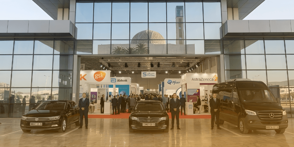 Three black executive vehicles and uniformed drivers stand before a modern convention center entrance hosting Algiers MAGHREB PHARMA Trade Fair Expo reflecting a mosque dome and featuring booths for GSK, Abbott, Pfizer, and AstraZeneca inside.