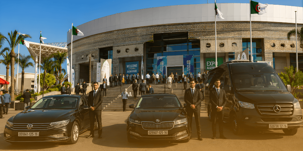 Trois chauffeurs en costume se tiennent à côté de voitures de luxe noires et d'une camionnette Mercedes devant un grand hall d'exposition du salon SIEE Pollutec, où flottent des drapeaux algériens.
