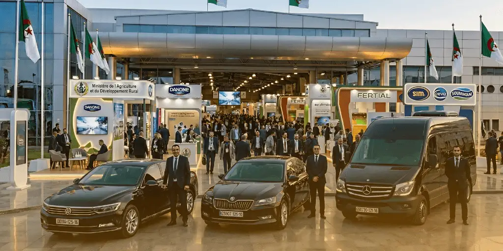 Three black executive vehicles are parked outside a large Algiers SIPSA-FILAHA Trade Fair exhibition hall featuring Algerian flags and booths for companies like Danone and Fertial, with several formally dressed men standing near the cars.
