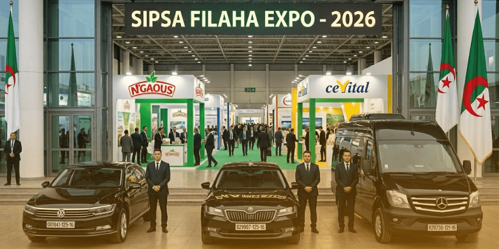 VIP transport including a Mercedes van and two black sedans positioned in front of the SIPSA-FILAHA trade fair Algiers EXPO - 2026 entrance with security personnel and Algerian flags.