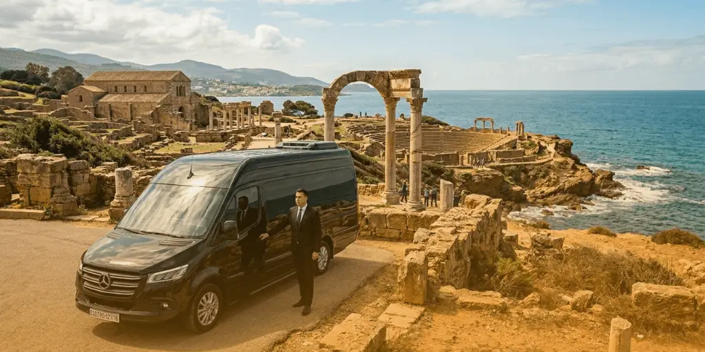 Un chófer permanece de pie junto a una furgoneta de lujo negra cerca de las ruinas romanas del Parque Arqueológico de Tipaza, con vistas a un mar turquesa y a la costa.