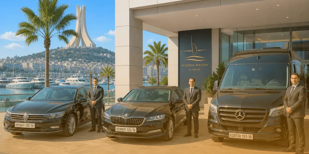 Tres chóferes uniformados se encuentran junto a un sedán Volkswagen negro, un sedán Skoda y una furgoneta Mercedes-Benz a la entrada del proyecto Algeria Marina en Argel, con un puerto deportivo, la ciudad y el monumento Maqam Echahid visibles al fondo.