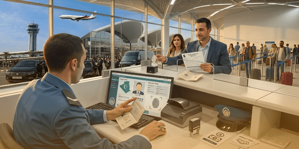 Algeria Visa Guide 2026:Border agent processes a male traveler's passport and documents at a modern airport counter with a view of the tarmac, control tower, and waiting passengers.