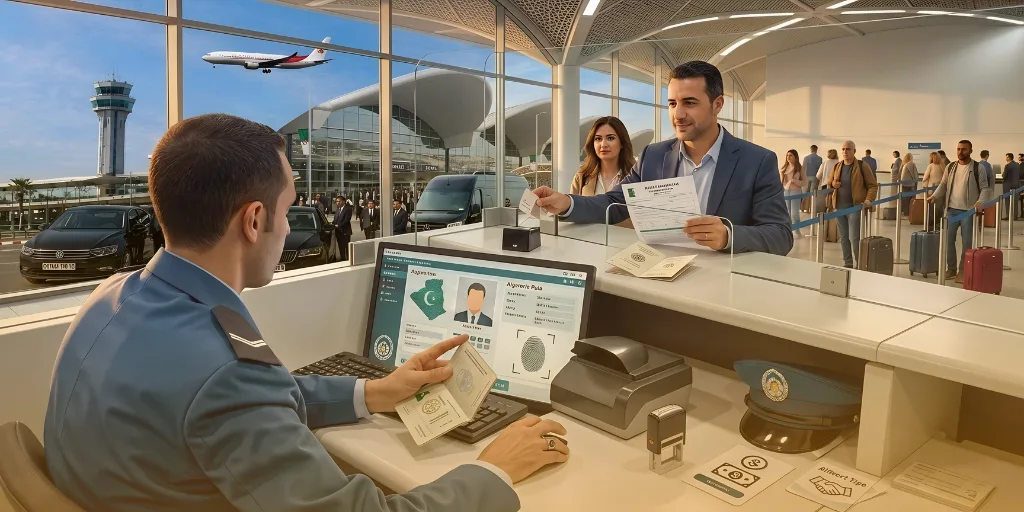 Guía de visados para Argelia 2026: Un agente fronterizo tramita el pasaporte y la documentación de un viajero en un mostrador moderno del aeropuerto, con vistas a la pista de aterrizaje, la torre de control y los pasajeros que esperan.