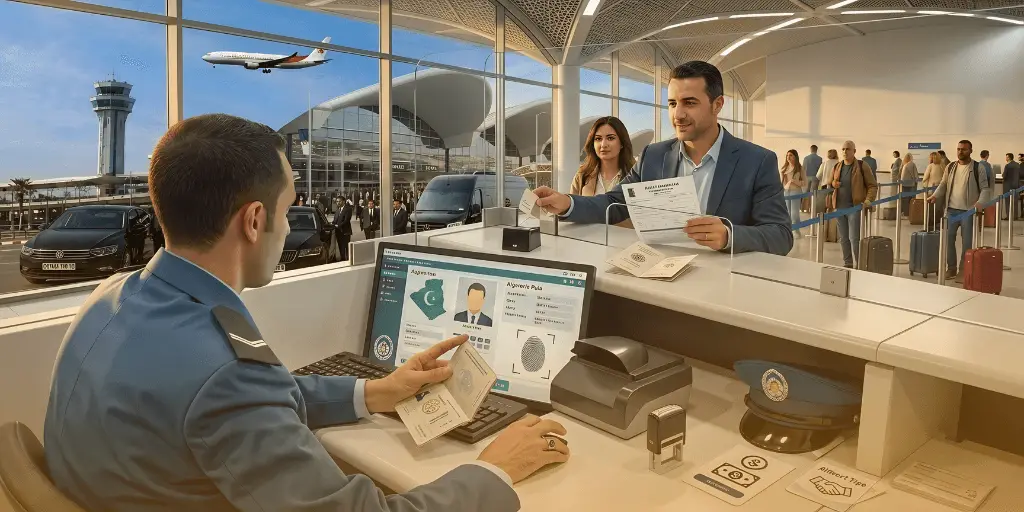 Guía de visados para Argelia 2026: Un agente fronterizo tramita el pasaporte y la documentación de un viajero en un mostrador moderno del aeropuerto, con vistas a la pista de aterrizaje, la torre de control y los pasajeros que esperan.