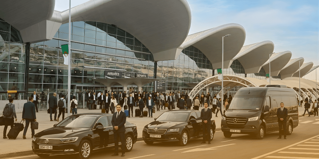 Chauffeurs in suits stand beside black luxury cars and a van outside a modern airport terminal with distinctive curved roof structures to operate Algiers Airport Transfers.