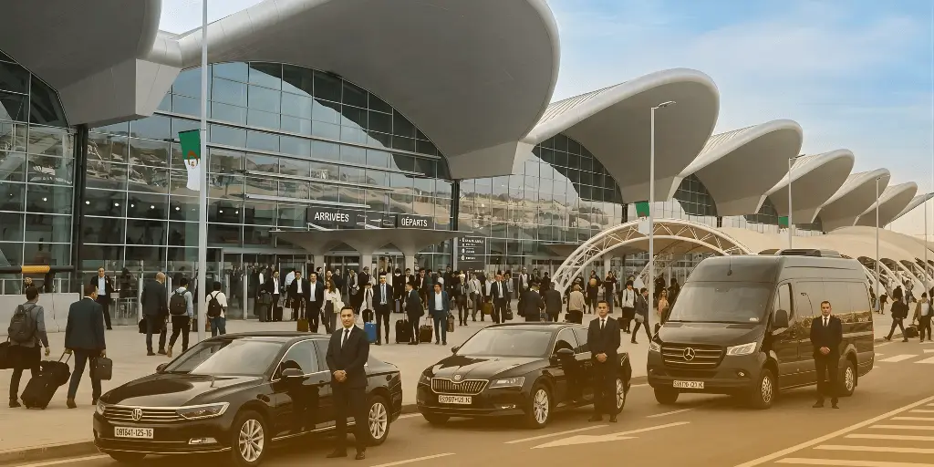 Chóferes vestidos de traje se encuentran junto a lujosos coches negros y una furgoneta a las afueras de una moderna terminal de aeropuerto con distintivas estructuras de techo curvas para operar el servicio de traslados desde el aeropuerto de Argel.