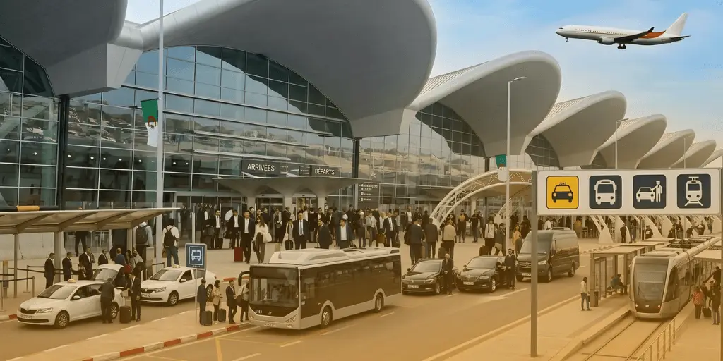 Mejores opciones de transporte desde el aeropuerto de Argel al centro de la ciudad en 2026: Exterior de una moderna terminal de aeropuerto con diversas opciones de transporte terrestre, incluyendo taxis, autobuses y un tranvía ligero, con un avión sobrevolando la zona.
