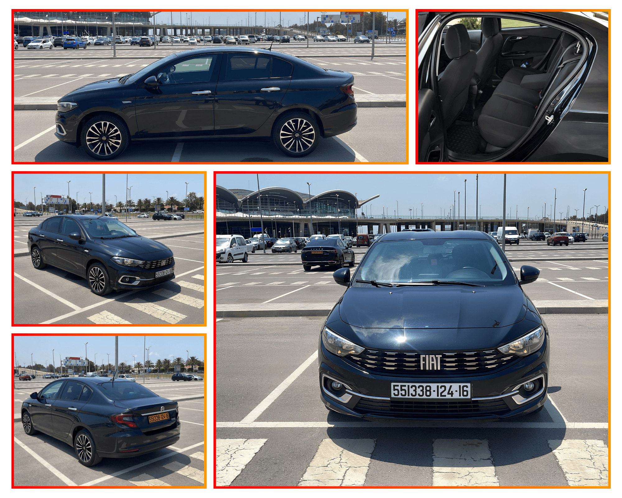 Black Fiat Tipo sedan parked in Algiers Houari Boumediene Airport parking lot, showing exterior and interior views.