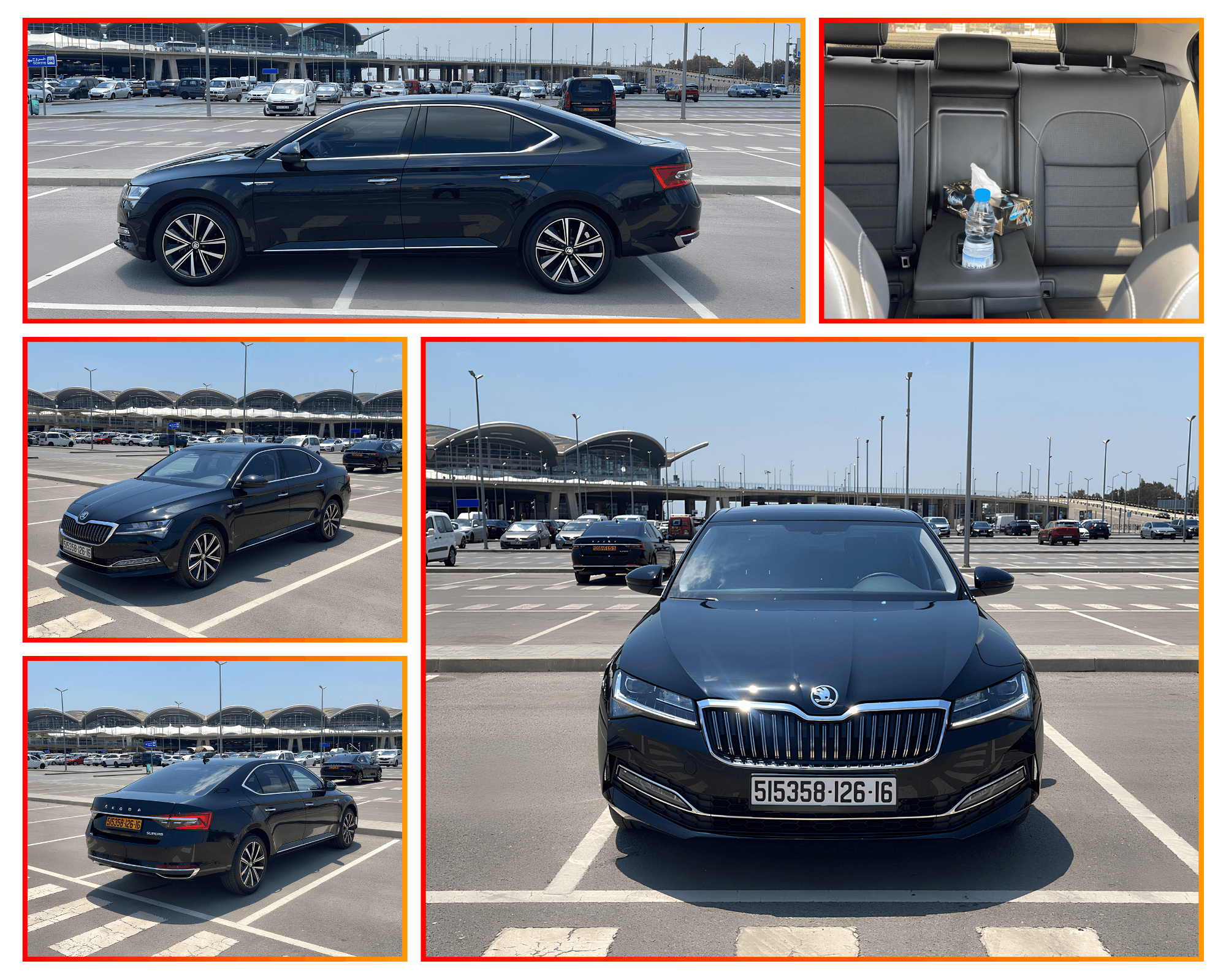Black Skoda Superb sedan parked in Algiers Houari Boumediene Airport parking lot, showing exterior and interior views.