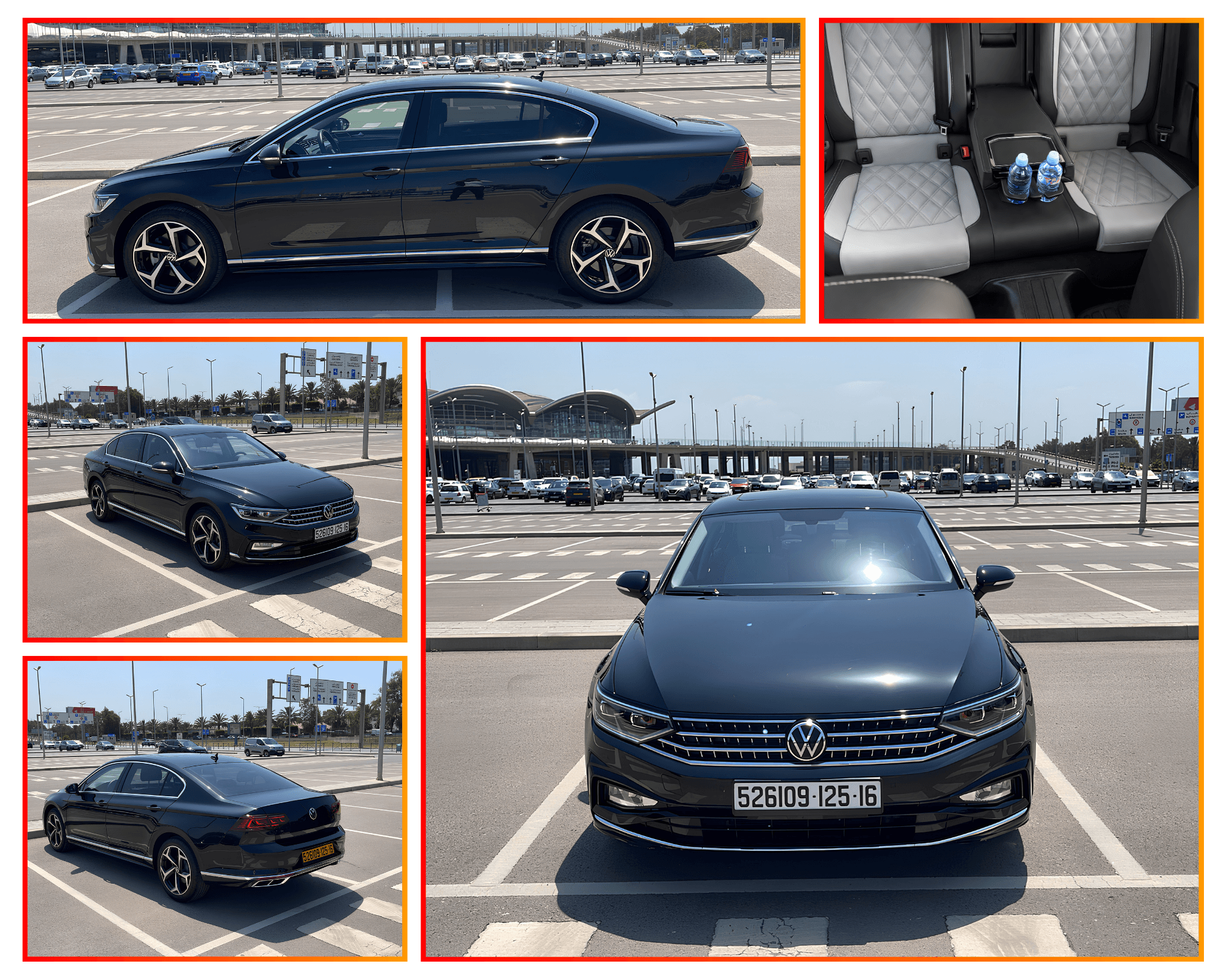 Black Volkswagen Passat sedan parked in Algiers Houari Boumediene Airport parking lot, showing exterior and interior views.
