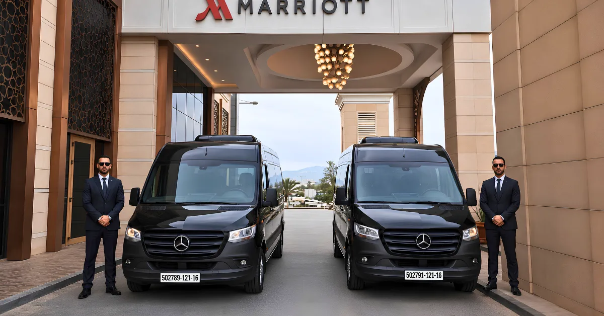 Two men in suits stand beside two black Mercedes-Benz vans parked in front of a bab ezzouar algiers Marriott hotel entrance.