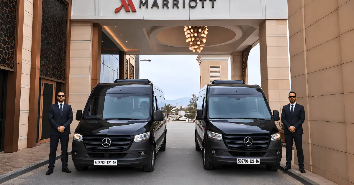 Two men in suits stand beside two black Mercedes-Benz vans parked in front of a bab ezzouar algiers Marriott hotel entrance. Algiers Group And Event Transfers