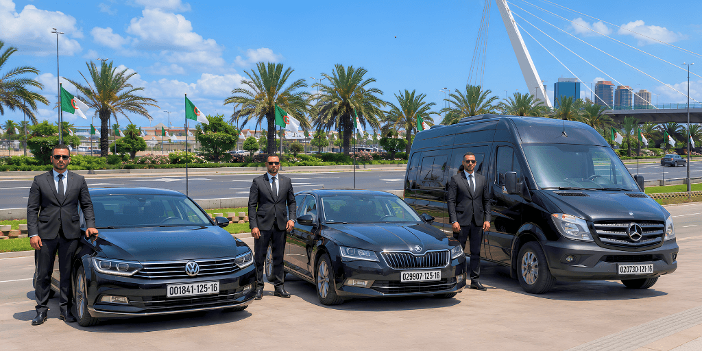 Three drivers in black suits stand beside a black Volkswagen passat sedan, a black Skoda superb sedan, and a black Mercedes-Benz van under a bright blue sky with palm trees and a modern bridge in the background of Algiers city.