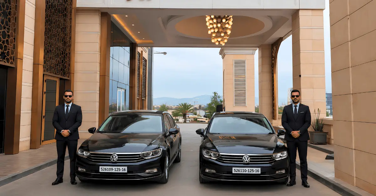 Two men in suits stand by two black Volkswagen passat sedans parked in front of a modern building Bab ezzouar algiers mariott hotel. Algiers Hourly Chauffeur Service
