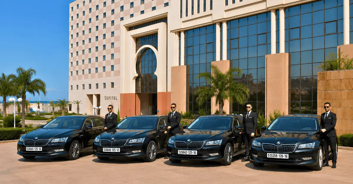 professional drivers in suits stand beside black Skoda superb sedans parked in front of a Sofitel Hamma gardens Algiers hotel.